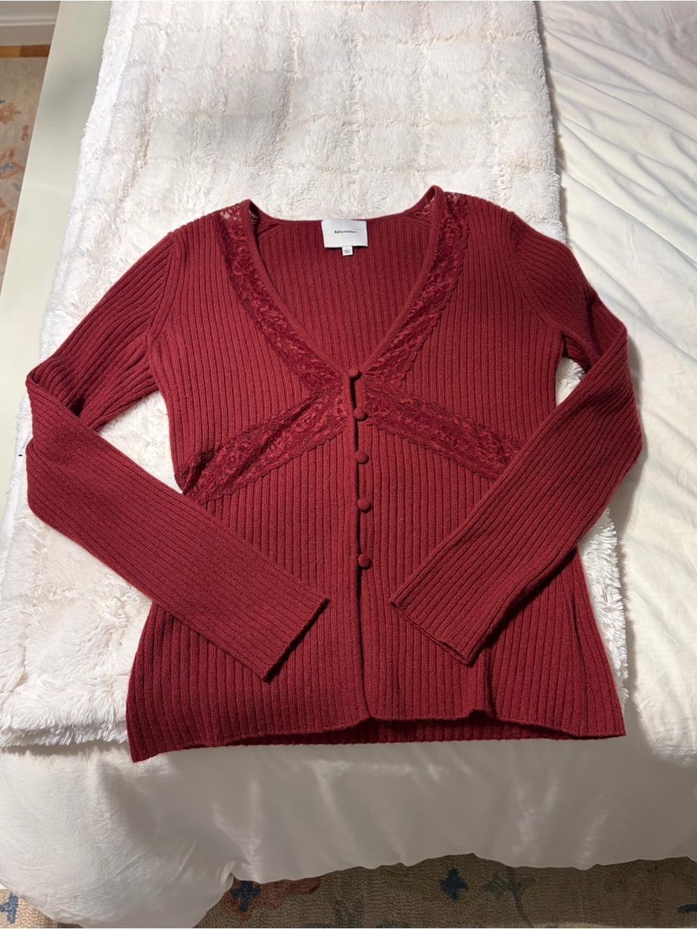 Reformation Ribbed V-Neck Button Cardigan - Wine